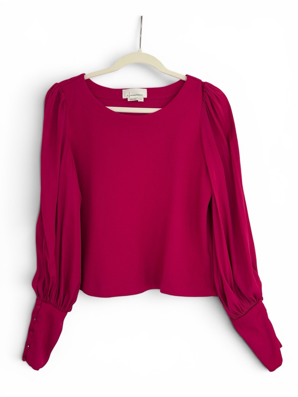 ANTHROPOLOGIE bright Rasberry Knit Bodice with Bishop Silky Sleeves Size S